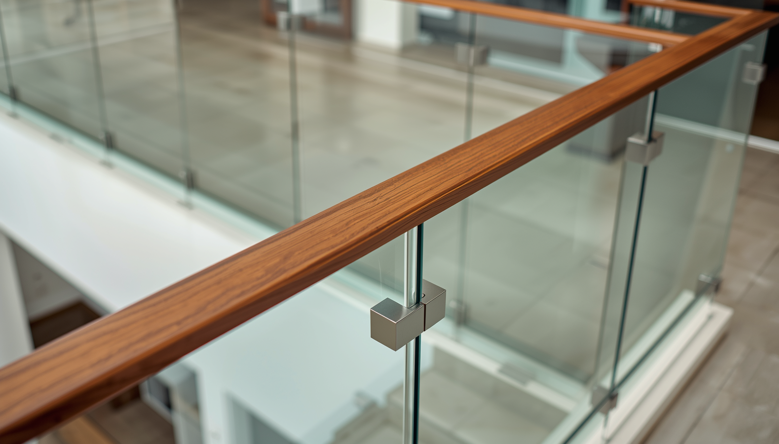 Glass railing with wooden handrails